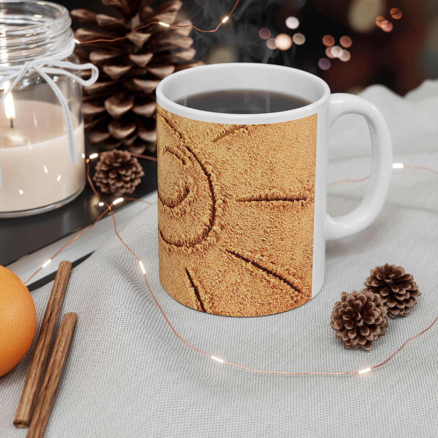 Sunshine Beach Vibes Mug, Happy Coffee Cup for Summer, Vacation Gift, Sand Smiley Ceramic Mug, Beach Lover's Drinkware