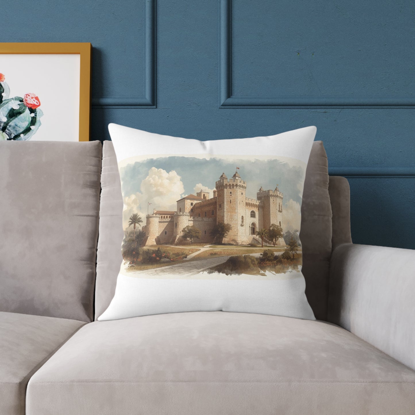 Castle Illustration Decorative Pillow, Cozy Home Decor, Unique Gift for Housewarming, Living Room, Art Lover's Accent