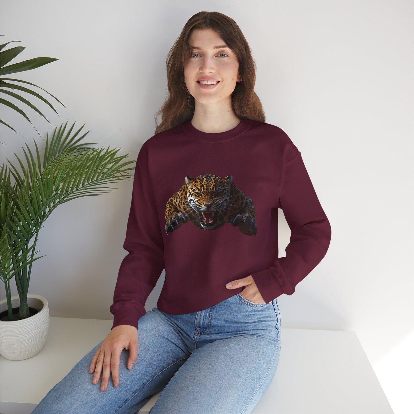 Leaping Jaguar Crewneck Sweatshirt, Animal Print Pullover, Unisex Sweatshirt, Gifts for Wildlife Lovers, Casual Streetwear