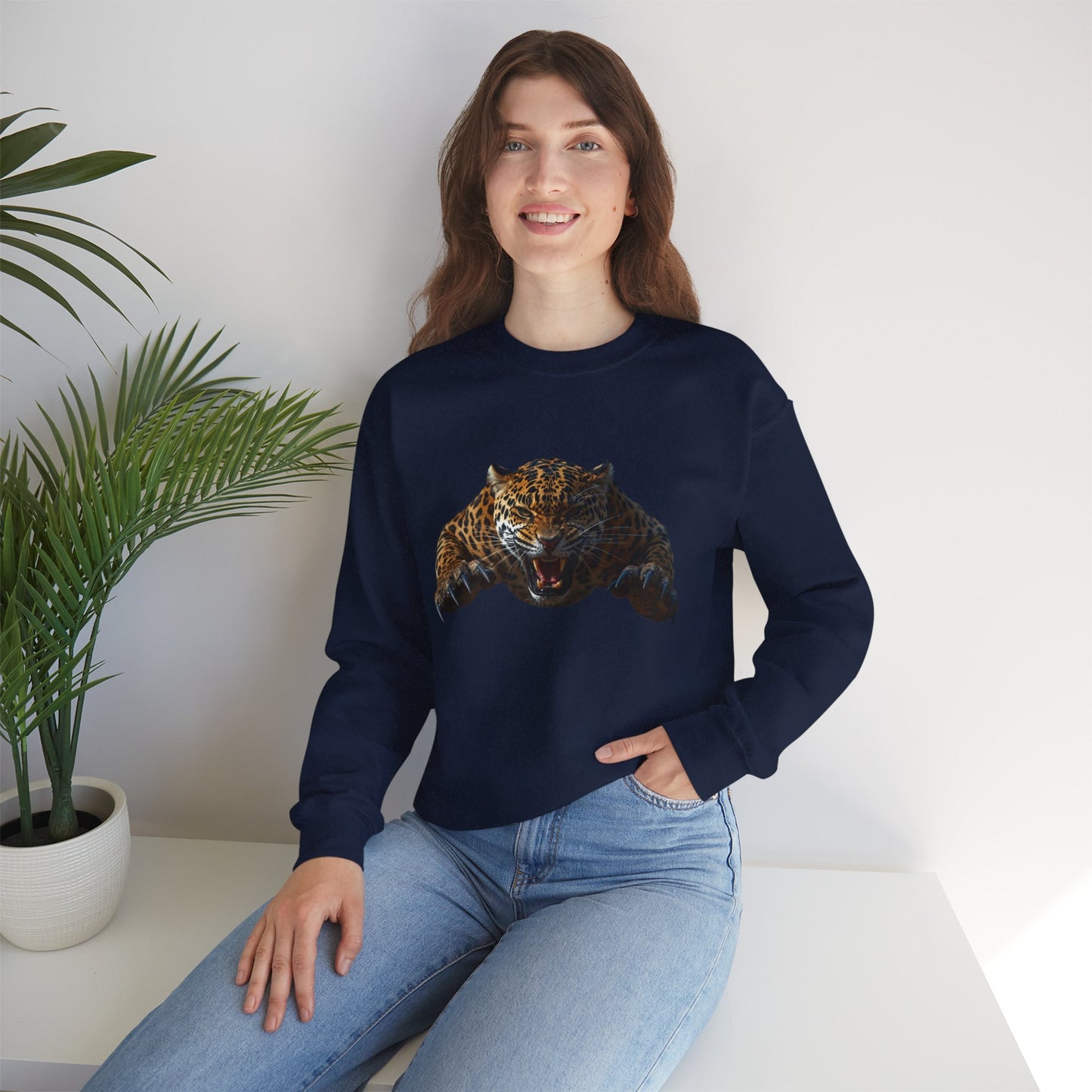 Leaping Jaguar Crewneck Sweatshirt, Animal Print Pullover, Unisex Sweatshirt, Gifts for Wildlife Lovers, Casual Streetwear