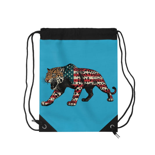 Bold American Flag Leopard Drawstring Bag, Gym Bag, Travel Tote, Animal Print Backpack, Festival Gear, Patriotic Gift