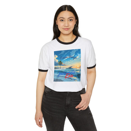 Tropical Paradise Ringer T-Shirt, Beach Vibes Tee, Unisex, Summer Style, Vacation Apparel, Casual Wear, Gift for Travelers