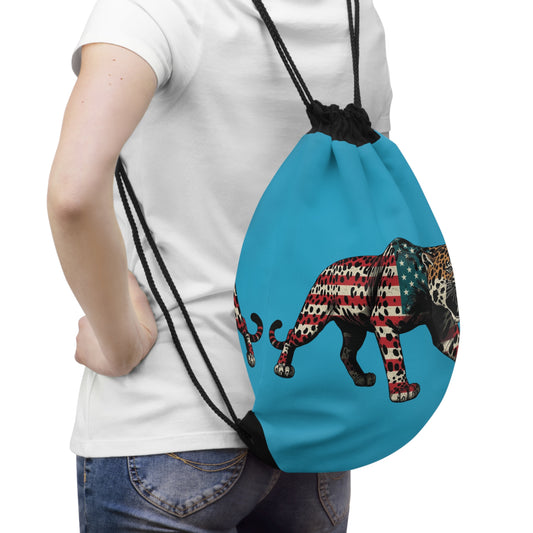 Bold American Flag Leopard Drawstring Bag, Gym Bag, Travel Tote, Animal Print Backpack, Festival Gear, Patriotic Gift